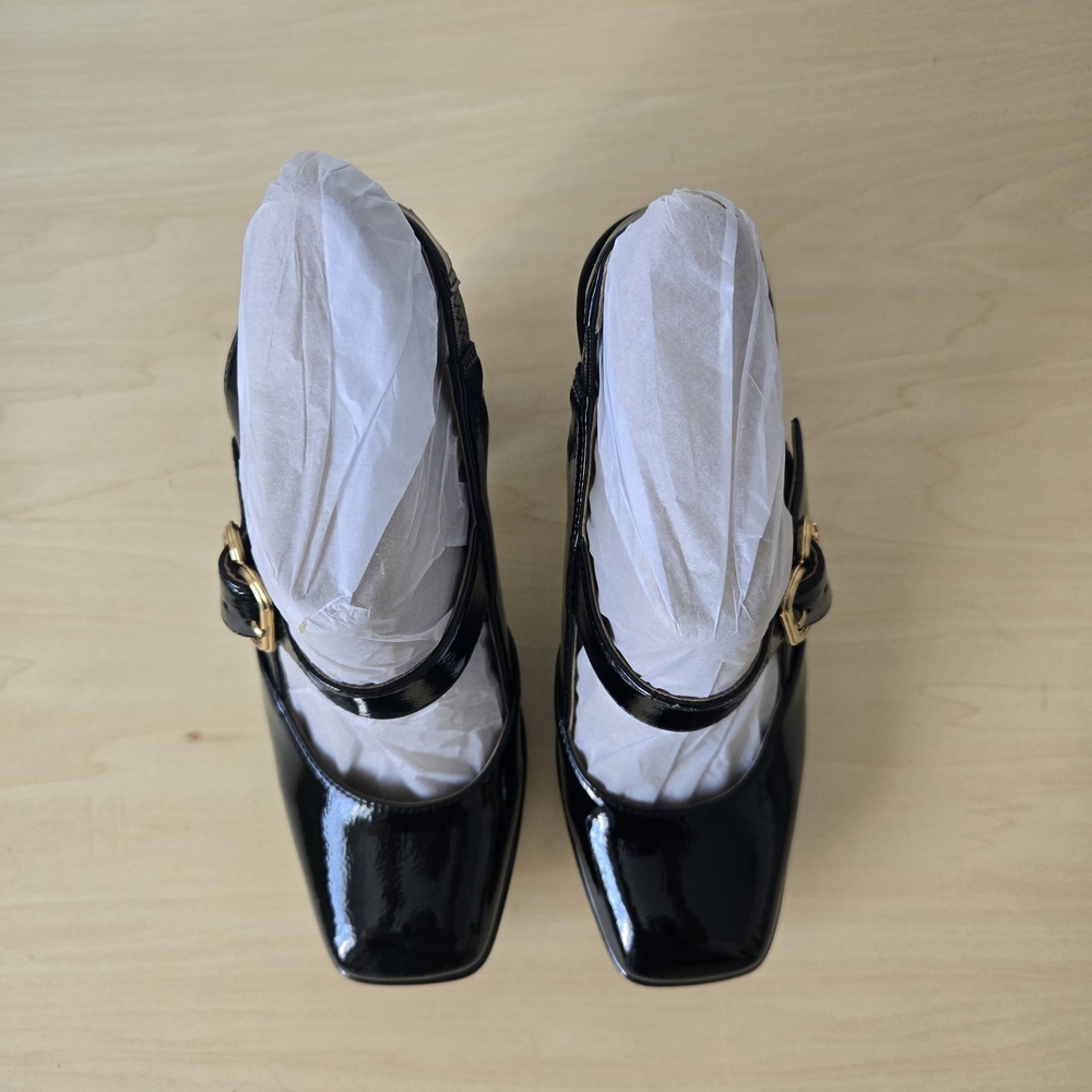 Sam Edelman Black Patent Mary Jane Slingback Heels with Gold Buckle Accent - Picture 4 of 5